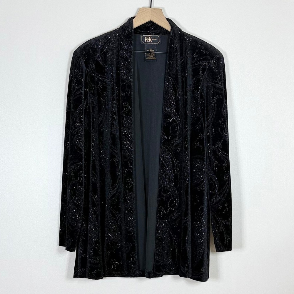 Vtg R&K Evening Womens Lightweight Jacket Size 16 Black Velvet Paisley Glitter